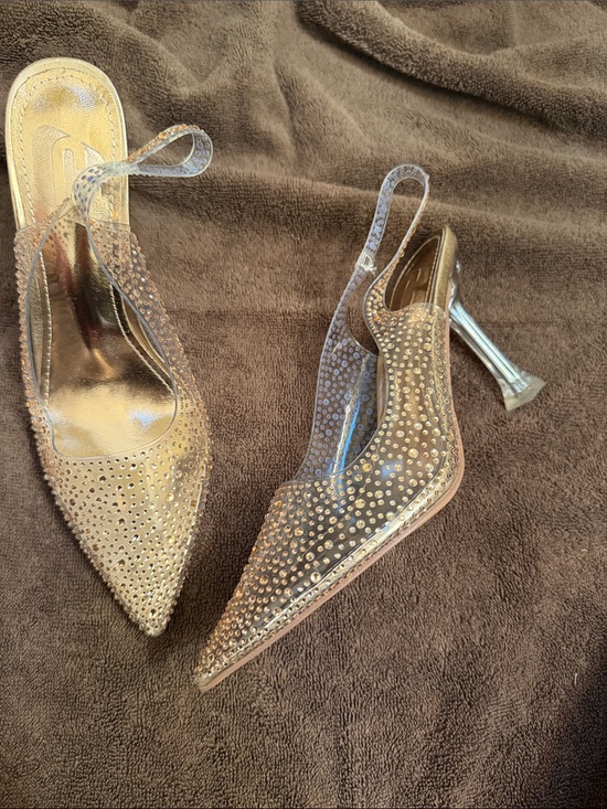 Shoes - Women’s Gold Clear Slingback Pointed-Toe Heels with Rhinestones